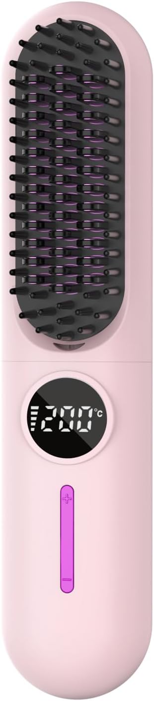 Pink cordless straightening brush with digital temperature display